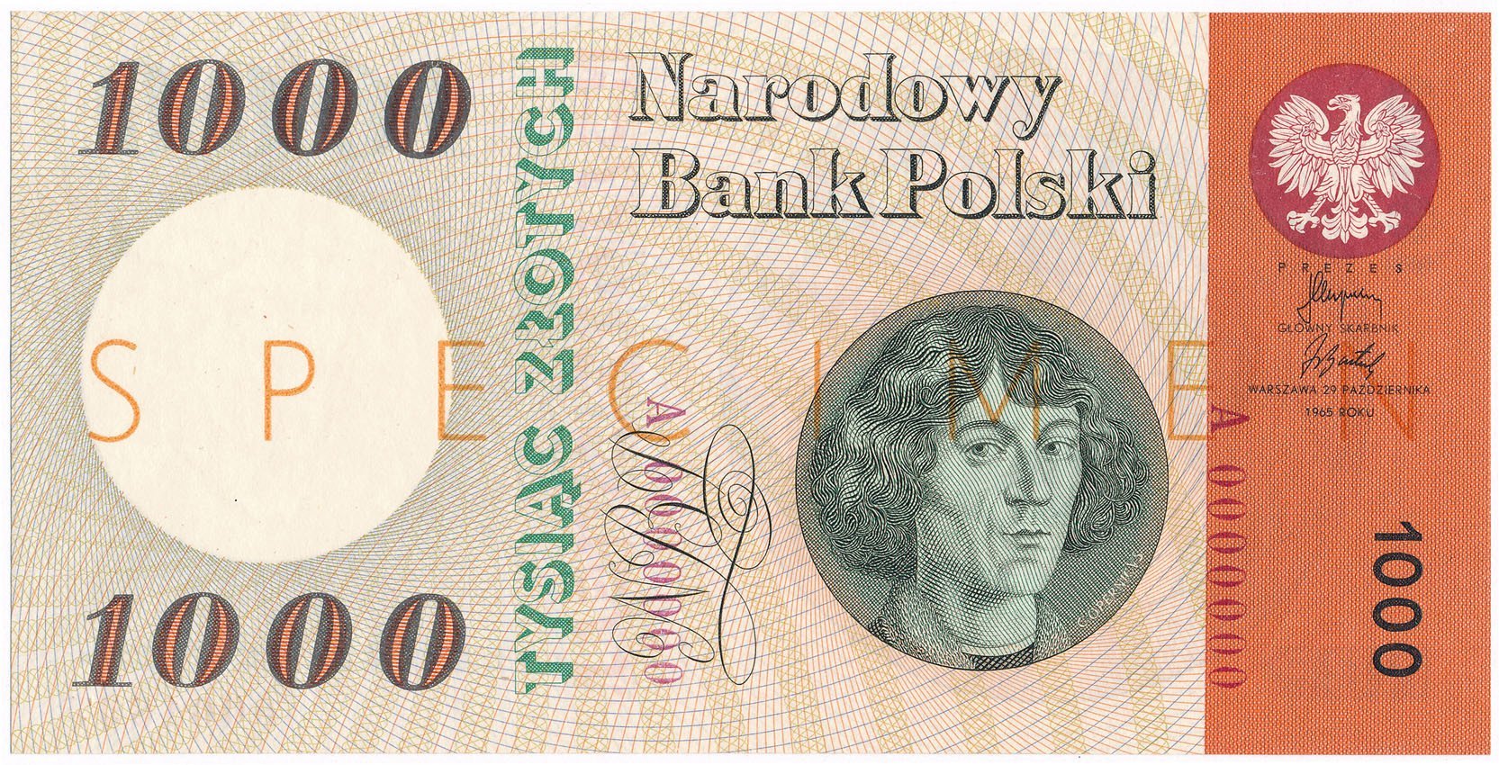 Banknot. 1000 złotych 1965 Kopernik SPECIMEN seria A